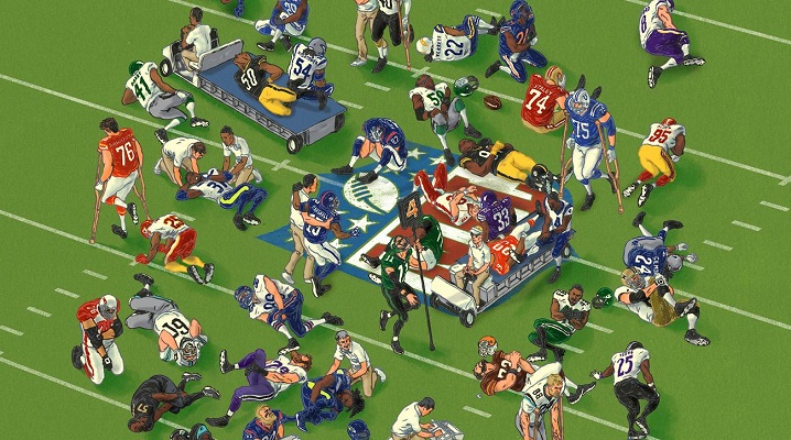 cartoon showing all NFL players all injured together on the field
